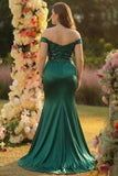 Robe de bal longue en satin grande taille satin vert foncé sirène vert foncé avec fente