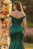 Robe de bal longue en satin grande taille satin vert foncé sirène vert foncé avec fente