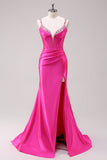 Robe de bal à bretelles spaghetti sirène fuchsia corset à paillettes avec fente