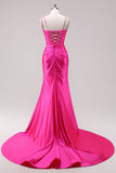 Robe de bal à bretelles spaghetti sirène fuchsia corset à paillettes avec fente