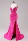 Robe de bal à bretelles spaghetti sirène fuchsia corset à paillettes avec fente