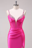 Robe de bal à bretelles spaghetti sirène fuchsia corset à paillettes avec fente