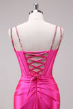 Robe de bal à bretelles spaghetti sirène fuchsia corset à paillettes avec fente