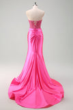 Fuchsia Sweetheart Sirène Satin Long Corset Robe de Bal avec Appliques