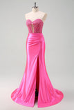 Fuchsia Sweetheart Sirène Satin Long Corset Robe de Bal avec Appliques