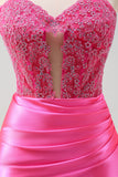 Fuchsia Sweetheart Sirène Satin Long Corset Robe de Bal avec Appliques