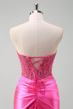 Fuchsia Sweetheart Sirène Satin Long Corset Robe de Bal avec Appliques