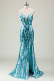 Robe longue de bal longue à bretelles spaghetti sirène bleue scintillante avec paillettes