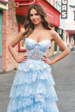 Sans Bretelles Bleu Une Ligne Sequin Corset Robe Longue De Bal À Niveaux