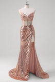 Robe longue de bal corset sirène rose doré scintillant avec paillettes