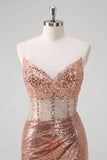 Robe longue de bal corset sirène rose doré scintillant avec paillettes