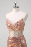 Robe longue de bal corset sirène rose doré scintillant avec paillettes