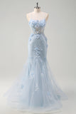 Sirène bleue spaghetti bretelles Tulle Long Corset robe de bal avec fleurs 3D