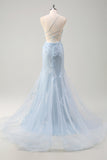 Sirène bleue spaghetti bretelles Tulle Long Corset robe de bal avec fleurs 3D