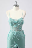 Robe de bal sirène longue en tulle bleu bustier à bretelles fines avec fleurs en relief