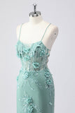 Robe de bal sirène longue en tulle bleu bustier à bretelles fines avec fleurs en relief