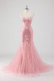 Robe de bal sirène longue en tulle bleu bustier à bretelles fines avec fleurs en relief