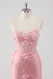 Robe de bal sirène longue en tulle bleu bustier à bretelles fines avec fleurs en relief