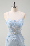 Sirène bleue spaghetti bretelles Tulle Long Corset robe de bal avec fleurs 3D