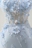 Sirène bleue spaghetti bretelles Tulle Long Corset robe de bal avec fleurs 3D