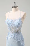 Sirène bleue spaghetti bretelles Tulle Long Corset robe de bal avec fleurs 3D