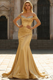 Robe de bal longue en satin à épaules froides à sirène dorée avec paillettes
