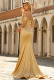 Robe de bal longue en satin à épaules froides à sirène dorée avec paillettes