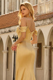 Robe de bal longue en satin à épaules froides à sirène dorée avec paillettes