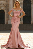 Robe de bal longue en satin à épaules froides à sirène dorée avec paillettes