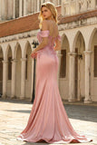 Robe de bal longue en satin à épaules froides à sirène dorée avec paillettes