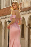 Robe de bal longue en satin à épaules froides à sirène dorée avec paillettes