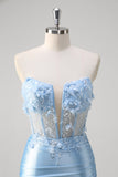 Sirène bleue Floral Bustier Corset Robe Longue De Bal Avec Fente