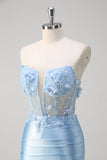 Sirène bleue Floral Bustier Corset Robe Longue De Bal Avec Fente