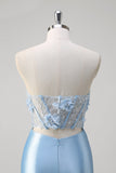 Sirène bleue Floral Bustier Corset Robe Longue De Bal Avec Fente