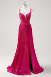 Fourreau fuchsia spaghetti bretelles plissé long corset robe de bal avec appliques