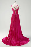 Fourreau fuchsia spaghetti bretelles plissé long corset robe de bal avec appliques