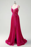 Fourreau fuchsia spaghetti bretelles plissé long corset robe de bal avec appliques