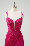 Fourreau fuchsia spaghetti bretelles plissé long corset robe de bal avec appliques