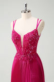 Fourreau fuchsia spaghetti bretelles plissé long corset robe de bal avec appliques