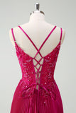 Fourreau fuchsia spaghetti bretelles plissé long corset robe de bal avec appliques