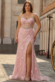 Robe de bal de promo grande taille avec corset de sirène appliquée à bretelles fines rose appliquée