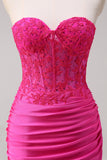 Corset Fuchsia Sirène Sans Bretelles Corset Ruché Robe de Bal Longue Avec Fente