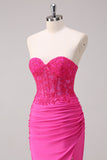 Corset Fuchsia Sirène Sans Bretelles Corset Ruché Robe de Bal Longue Avec Fente