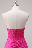 Corset Fuchsia Sirène Sans Bretelles Corset Ruché Robe de Bal Longue Avec Fente