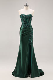 Robe de soirée sirène vert foncé à sequins avec fente