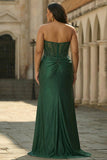 Robe de bal longue taille grande taille en sirène sans bustiers, sirène sans bretelles vert foncé
