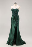 Robe de soirée sirène vert foncé à sequins avec fente