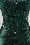 Robe de soirée sirène vert foncé à sequins avec fente