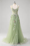 Robe de bal longue corset longue en tulle appliquée Green A Line avec fente
