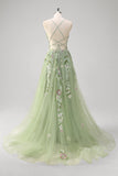 Vert une ligne Tulle Sequin Applique Corset Robe de Bal Longue avec Fente